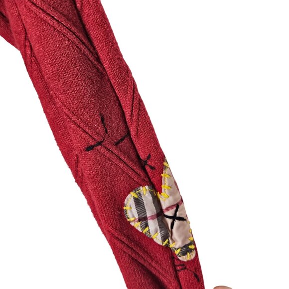 Colorful Embroidered Patchwork Red Cardigan Sweater Button Front Pockets Size M - Picture 4 of 9